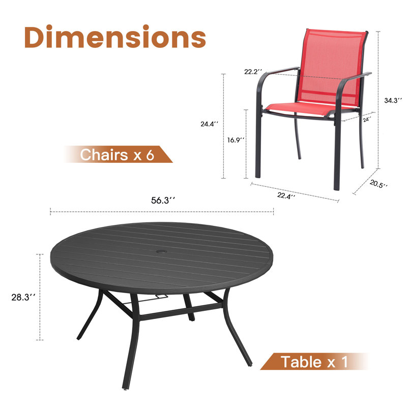 Ensemble de salle à manger pour 6 personnes avec table de salle à manger ronde en faux bois de 56 po et accoudoirs en textilène