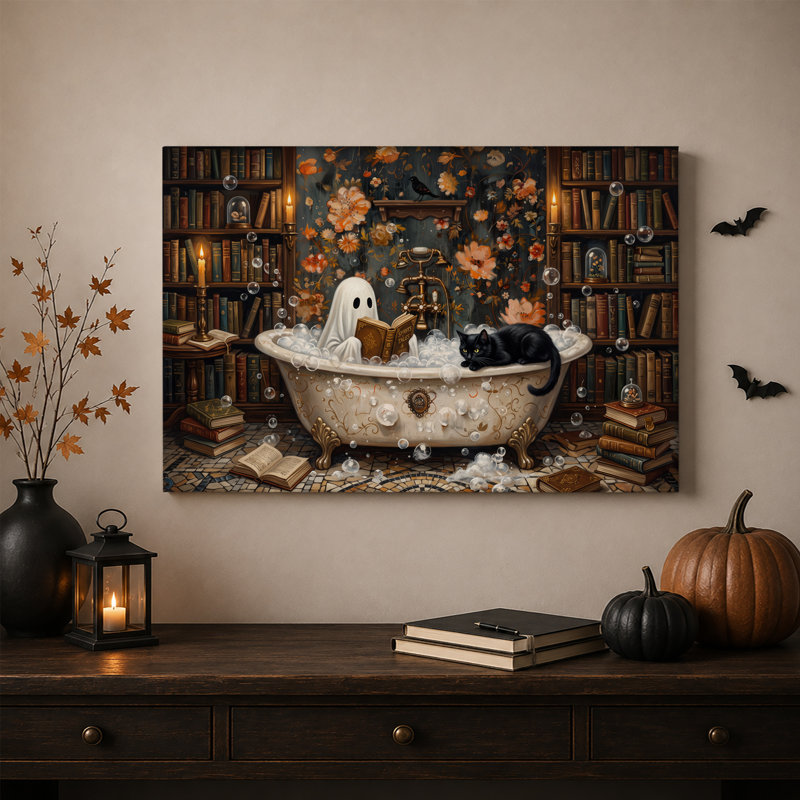 Fantôme et chat noir lisant un livre dans une baignoire, art mural d'Halloween sur toile, H 16 po x l 24 po