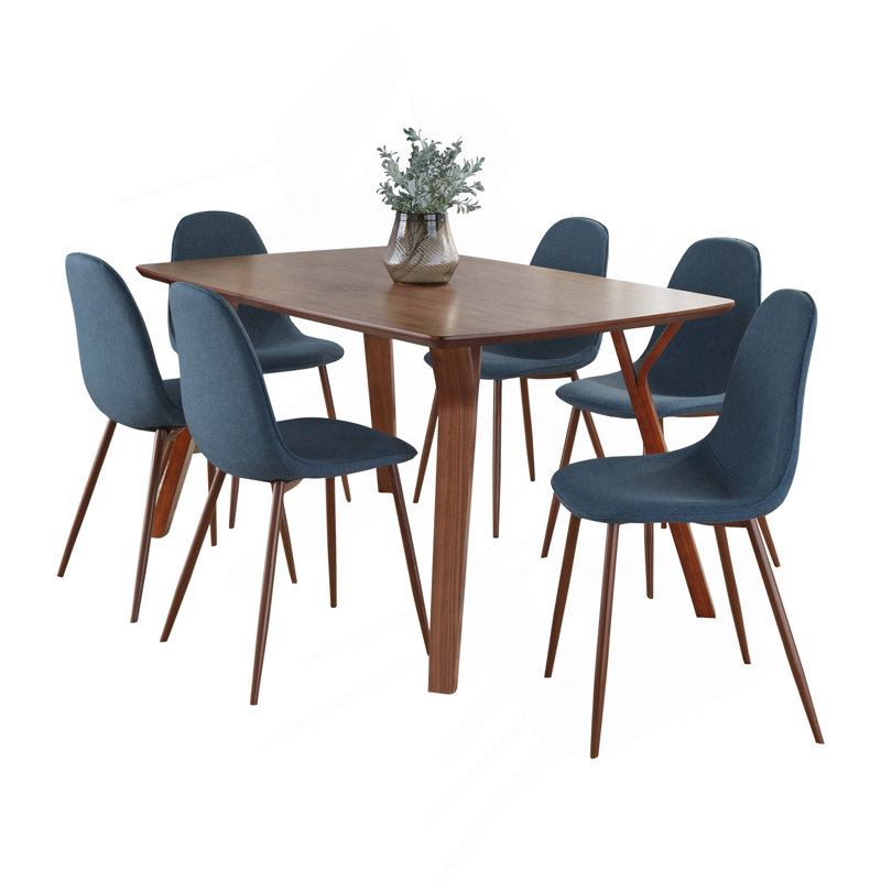 Ensemble de salle à manger Folia Pebble Mid-Century Modern en bois de noyer, métal noyer et tissu bleu par Lumisource - 7 pièces