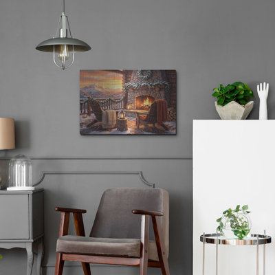 «Winter Mountain Cabin Fireplace» par Veve, art mural en métal, 16 po x 12 po
