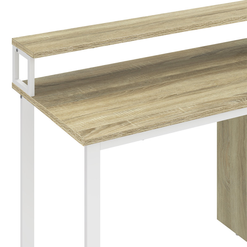  47 Inch Computer Desk With Power Outlets & LED Lights, Home Office Desk With Monitor Stand And Storage Drawers, Light Wood