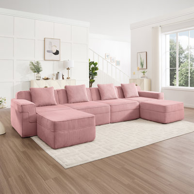 Canapé modulaire modulaire en forme de U sans siège à 4 places, canapé modulaire Cloud avec assise profonde, canapé modulaire moderne à 4 places avec coussins décoratifs et 2 repose-pieds mobiles, tissu velours côtelé rose