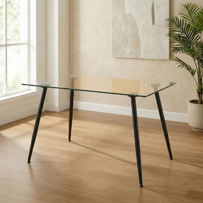 51 Inch Modern Minimalist Glass Dining Table For 4 To 6 With Tempered Glass Top And Black Metal Legs