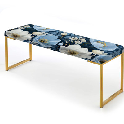 White And Blue Blossoms Meadow Serenity - Floral Upholstered Gold Bench