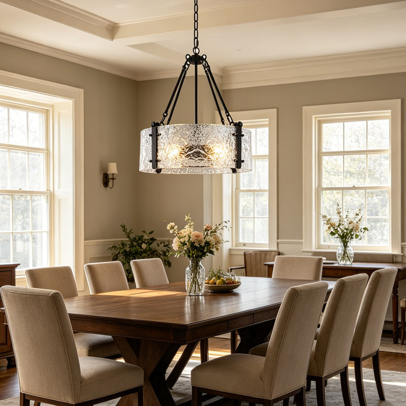 Ebern Designs Apollinaire 4-Light Matte Black Dimmable Drum Pendant with Ripple Glass, Height Adjustable Kitchen & Dining Chandelier 19.69"W