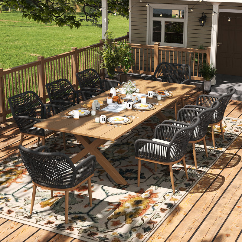 Patio Dining Armchair with Cushion, Beige, 6, Brown Wood