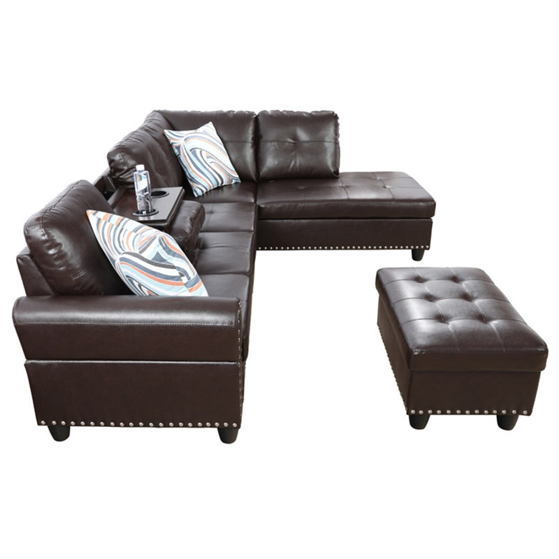Canapé modulaire en similicuir 97 po avec repose-pieds Aamanah, Similicuir brun, Accoudoir à droite (vu de face)