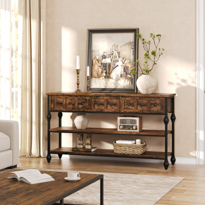 Console de 52 po, table de vestibule avec 3 tiroirs de rangement, canapé industriel en métal à 3 niveaux, table de canapé derrière, table de couloir pour l'entrée, salon