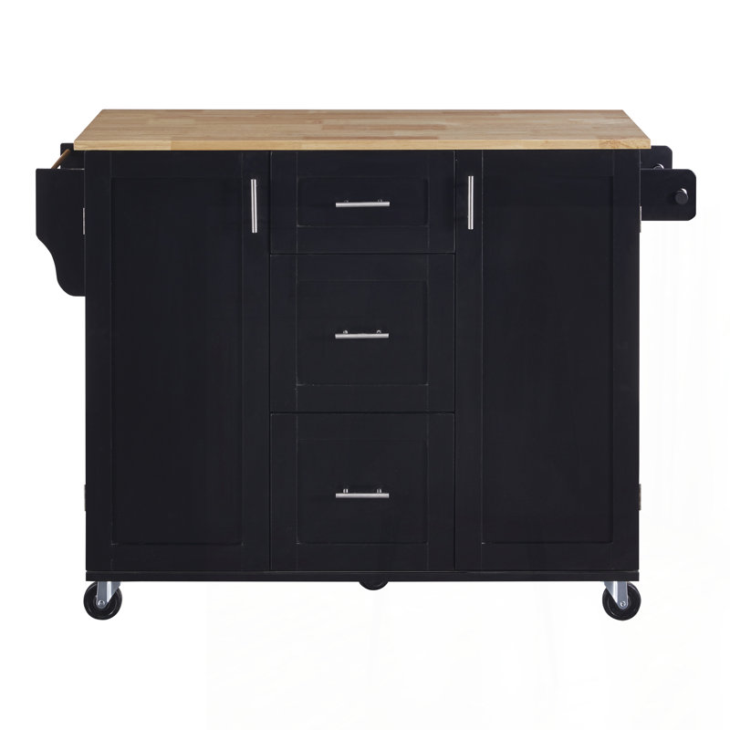 Rolling Kitchen Island with Storage, Kitchen Cart with Rubber Wood Top, 3 Drawer, 2 Slide-Out Shelf and Internal Storage Rack, Kitchen Island on Wheels with Spice Rack & Tower Rack