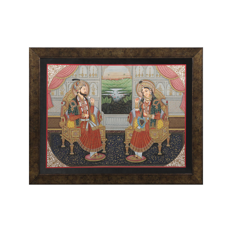 Peinture attrayante de Shahjahan et Mumtaaz - avec incrustations | Avec cadre | Couleur naturelle sur papier