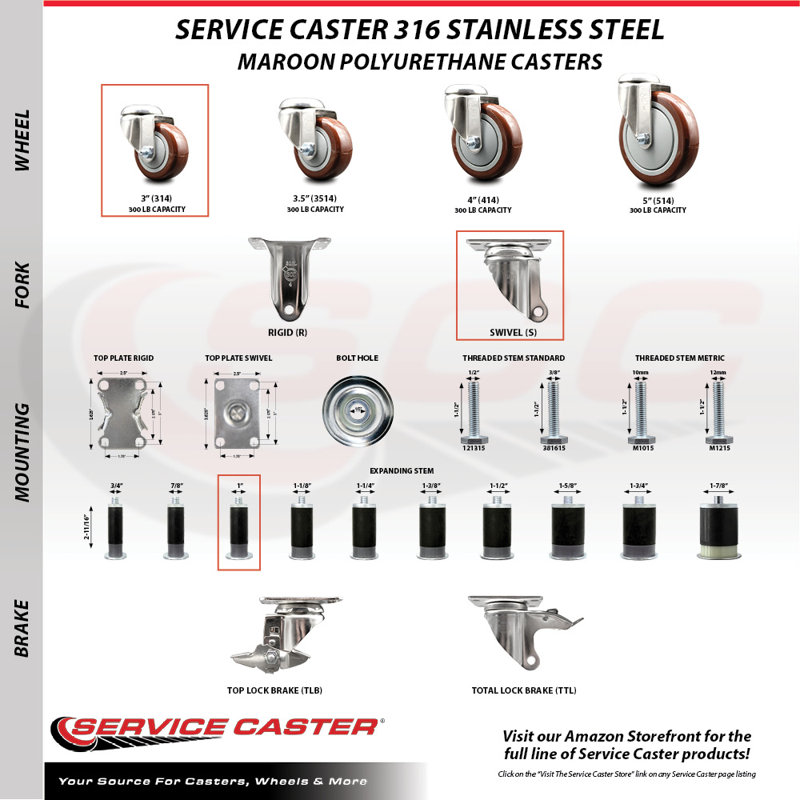 Ensemble de roulettes extensibles pivotantes en polyuréthane 316SS SCC, Marron