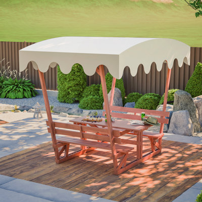 Ensemble de table de pique-nique et de banc d'extérieur en bois massif imperméable avec auvent amovible - Convient aux patios, aux jardins, aux terrasses, aux parcs et aux plages