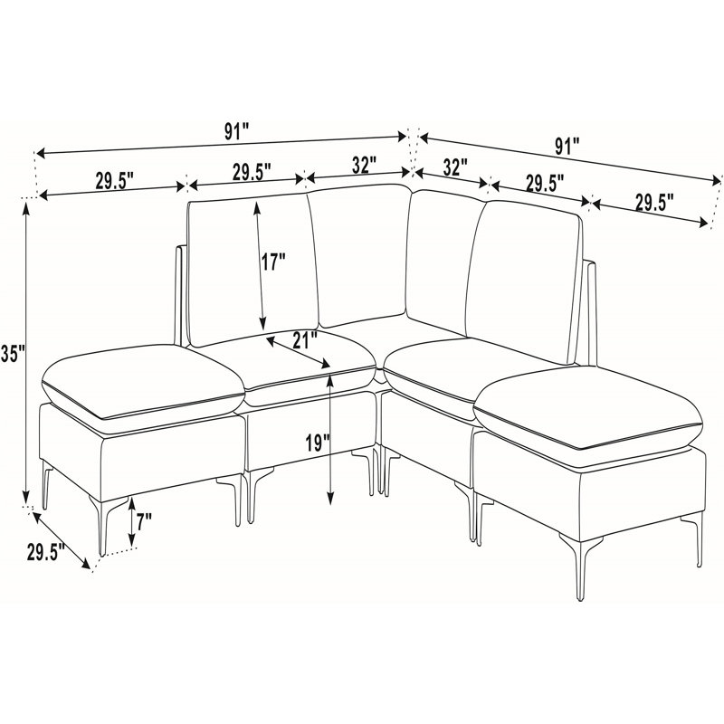 Canapé modulaire en lin rembourré avec pieds en métal, Lin bleu foncé