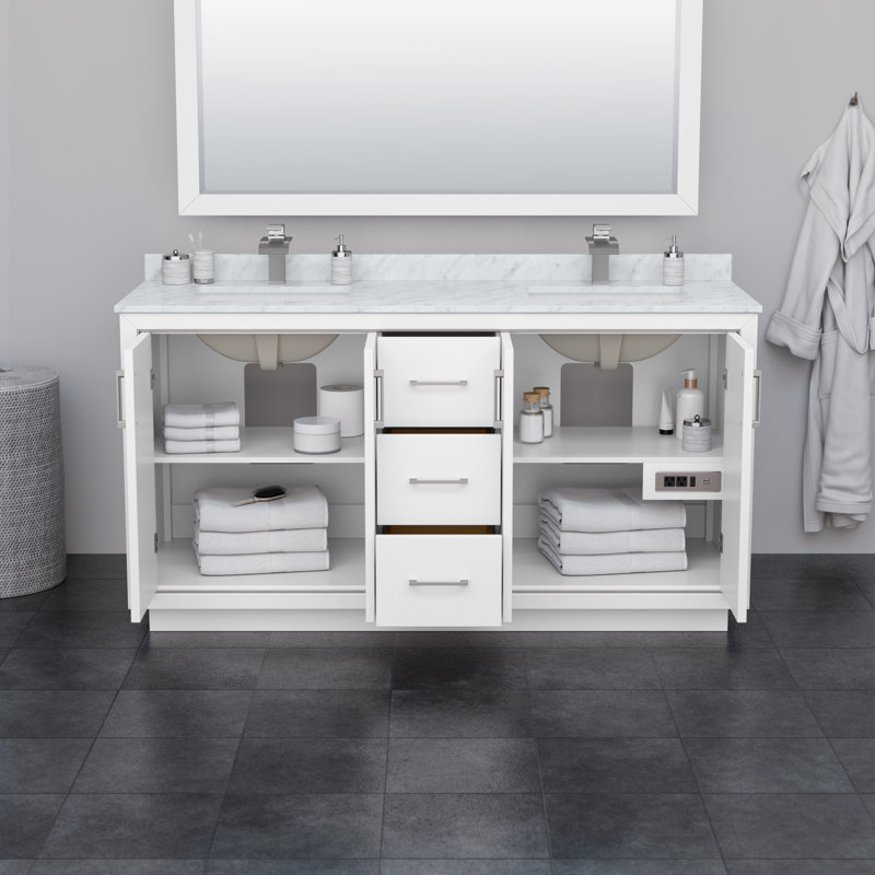 Icon 72" Double Bathroom Vanity Set, Brushed Nickel, White, 66"