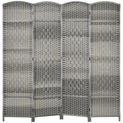 HOMCOM 4 Panel Room Divider, 6' Tall Folding Privacy Screen, Hand-Woven Freestanding Wood Partition For Home Office, Bedroom, Mixed Gray
