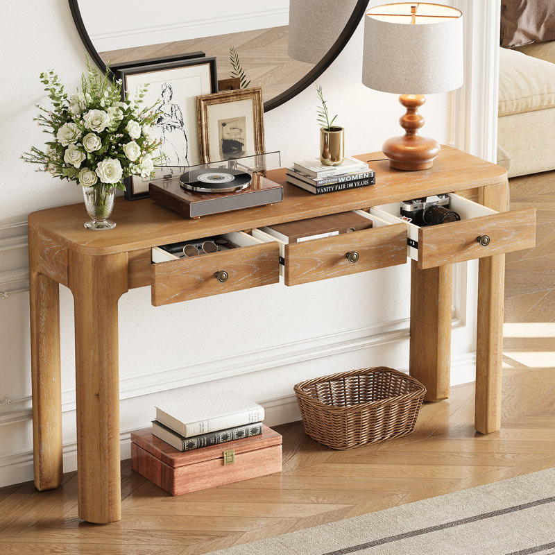 Solstice Classic Retro Console Table With 3 Drawers And Solid Wood Legs, Natural