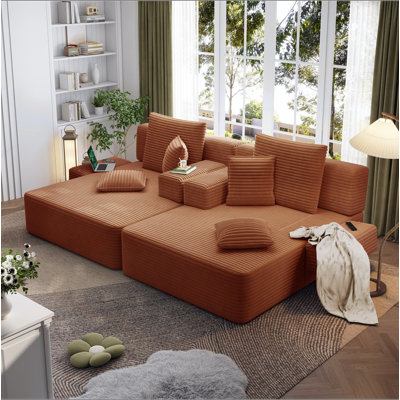Oversized Double Plush Corduroy Chaise Lounge Sofa Bed,Convertible Sleeper Couch Bed w/ Storage Pockets,3 Soft Pillows,Multi-Functional Frameless Sofa Couch for Apartment,Home Theater,Dorm