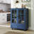 Blue Minimalist Storage Sideboard With Adjustable Shelving, Double Glass Doors, And Gracefully Curved Top, For Living Room Dining Cabinet Vintage Bronze Handles, Solid Wood Legs,-964863452