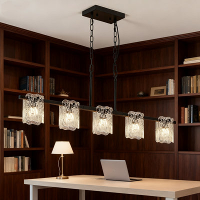 Luminaire suspendu linéaire à 5 lumières pour îlot de cuisine, luminaire à intensité variable moderne avec verre transparent et chaîne réglable, éclairage de salle à manger minimaliste