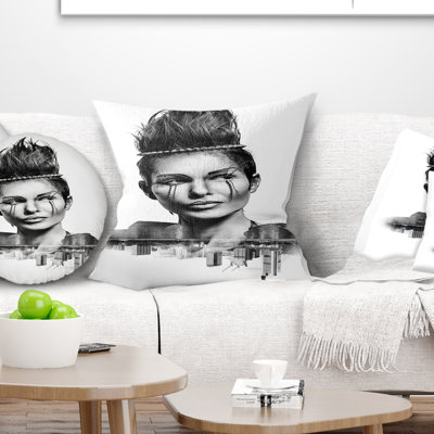 Double exposition de femme avec des cheveux - coussin imprimé Portrait