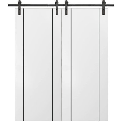 Sturdy Double Barn Door with Hardware Planum 0017 White Silk 13FT Rail Hangers Heavy Set Modern Solid Panel Interior Doors-48" x 96" (2* 24x96)-Black Rail