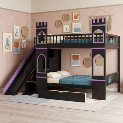 Lit superposé standard en forme de maison de château avec glissade, escalier de rangement et grand tiroir sous le lit