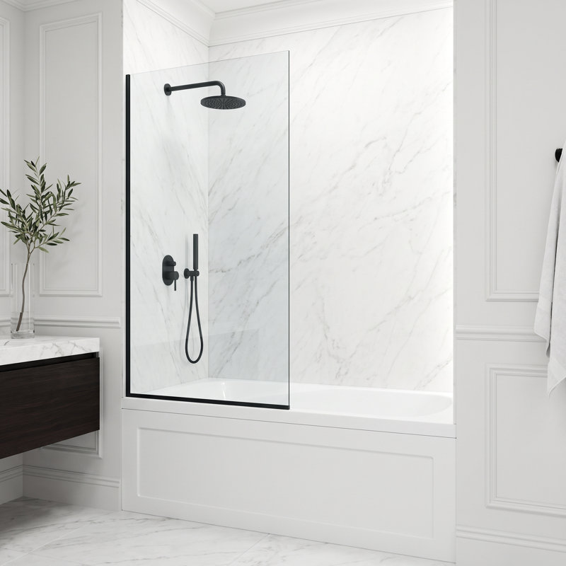 Zenith 34" W x 62" H Fixed Frameless Bathtub Screen with 3/8" Glass, Matte Black Clear