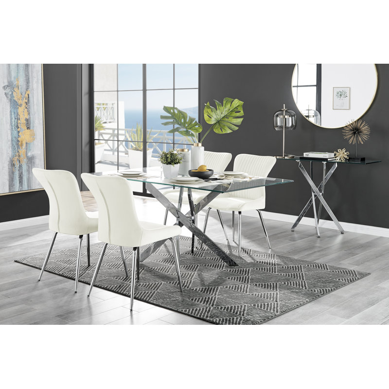 Lenworth Chrome and Glass Rectangular Dining Table Set with 4 Quilted Velvet Dining Chairs