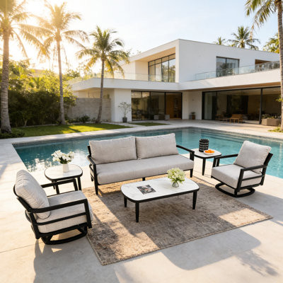 6pc Outdoor Furniture With Ergonomic Contoured Swivel Club Chairs, Bench , Coffee Table, And Side Tables, Cushions Seating Fade-