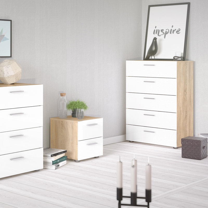 Rothbury 5 - Drawer Chest of Drawers, Oak/White High Gloss, Oak/White High Gloss