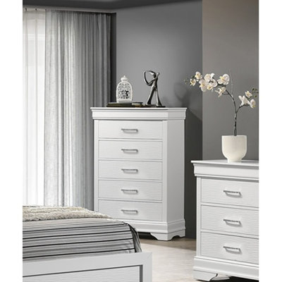Luxury White Five-Drawer Chest With Accent Handles For Spacious Bedroom Storage