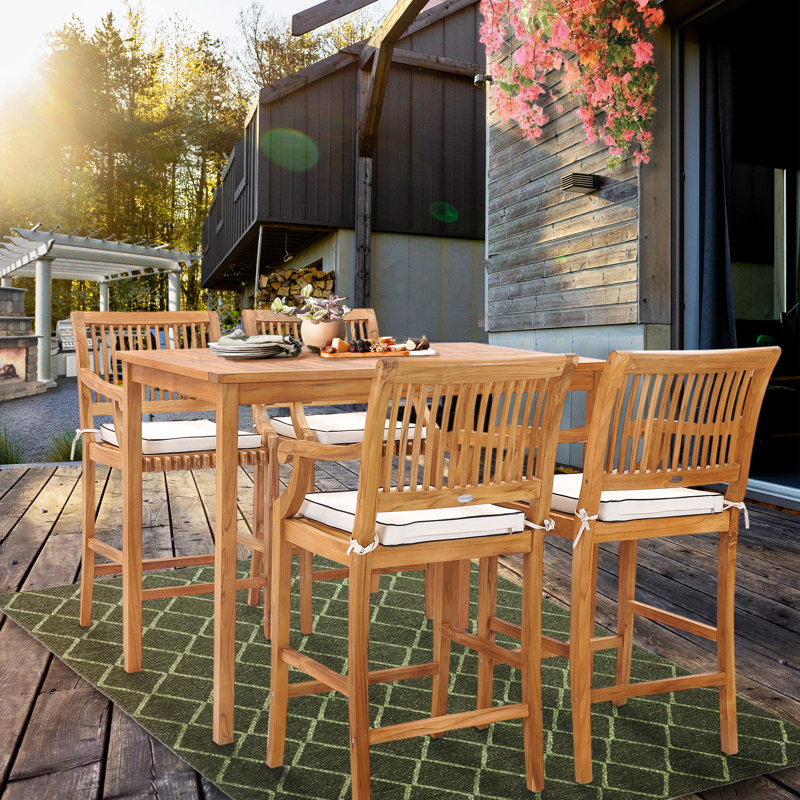 Ensemble de 5 bistro rectangulaire en bois de teck 5 pièces avec 4 tabourets de bar et accoudoirs