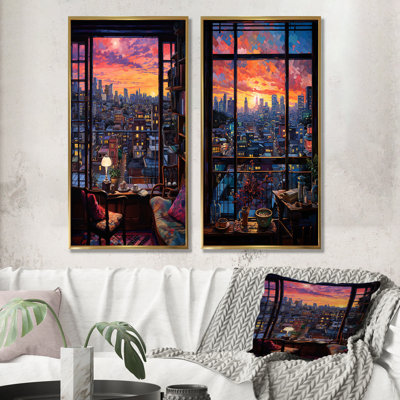 «Night In Tokyo Window View II», ensemble de 2 reproductions d'art mural japonais