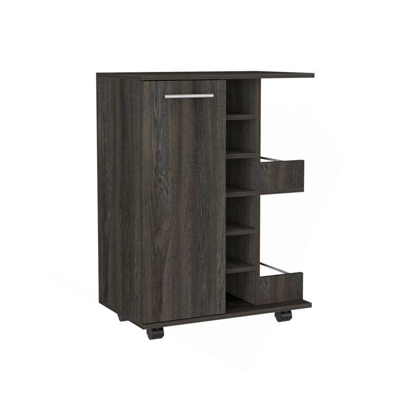 Chariot-bar espresso en carbone H 32 po, armoire de rangement, avec 4 roues, 1 espace de rangement divisé avec 1 tablette, 1 porte pliante, une division verticale centrale pour 6 bouteilles et 2 tablettes latérales avec façade en aluminium