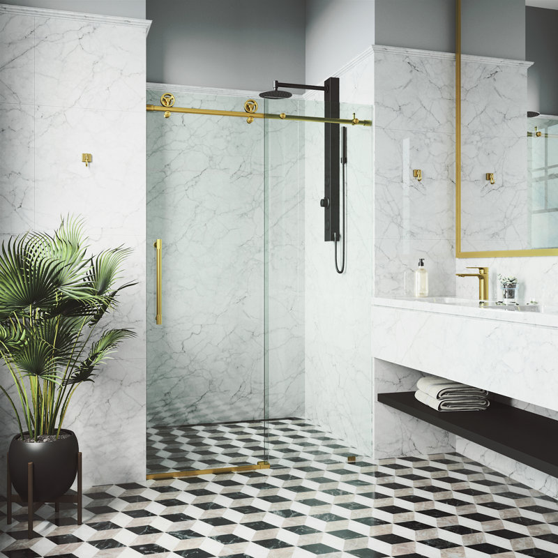 Cass 44-48" W x 76" H Sliding Frameless Shower Door with 3/8" Clear Glass, Matte Brushed Gold