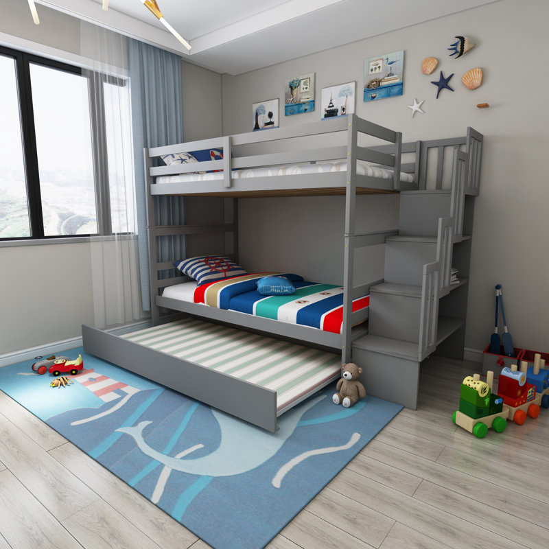 Daft Kids Twin Over Twin Bunk Bed with Trundle, Gray