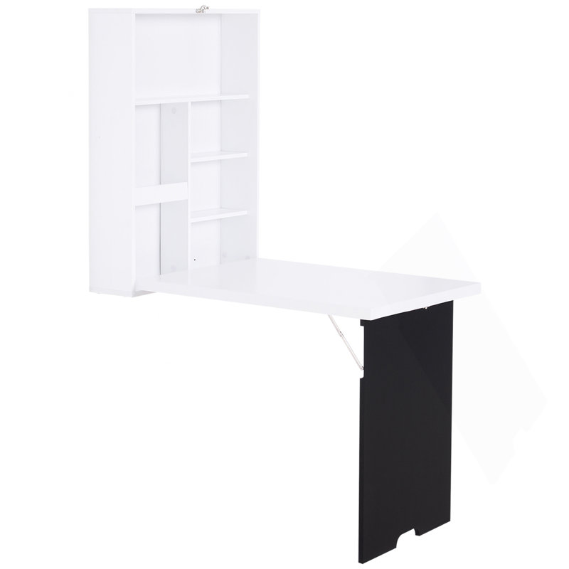 Wall Mounted Foldable Desk With A Blackboard, Fold Out Convertible Floating Desk With Shelves, White