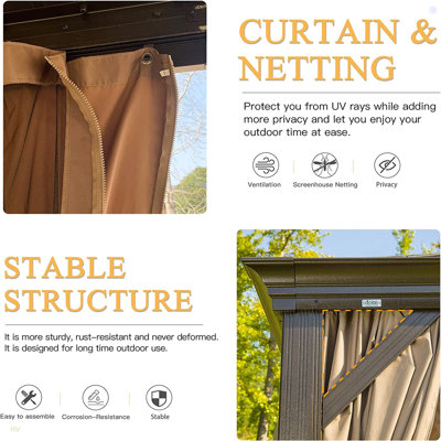 Pavillon de jardin rigide, auvent extérieur en aluminium avec double toit en acier galvanisé, pavillon extérieur permanent en métal avec rideaux et filet pour patio, cour et pelouse