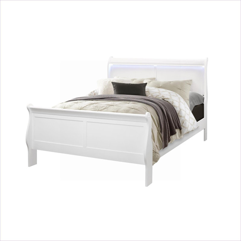 Lit en bois massif blanc et panneau de fibres à densité moyenne, conçu pour les chambres à coucher résidentielles, style traîneau moderne avec éclairage à DEL intégré