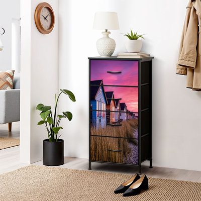 Dresser for Bedroom Dresser for Closet Hengistbury Head Beach Huts Sunrise coastal Dressers & Chests of Drawers Fabric Closet Organizers and Storage with 4 Drawers Storage Bins