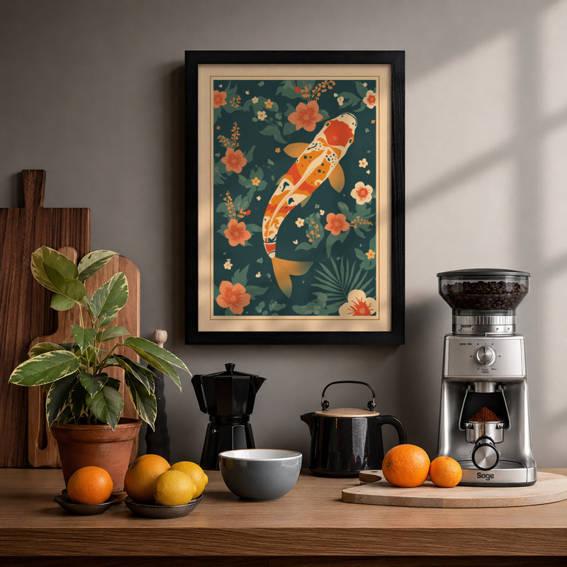 Koi in Bloom Japandi - Framed Print, A1 - 84.1 x 59.4 cm, Black