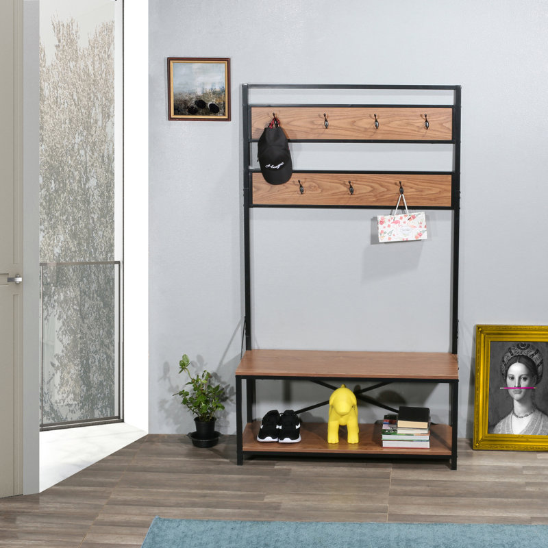 Hall Tree 40'' Wide with Bench and Shoe Storage, Walnut