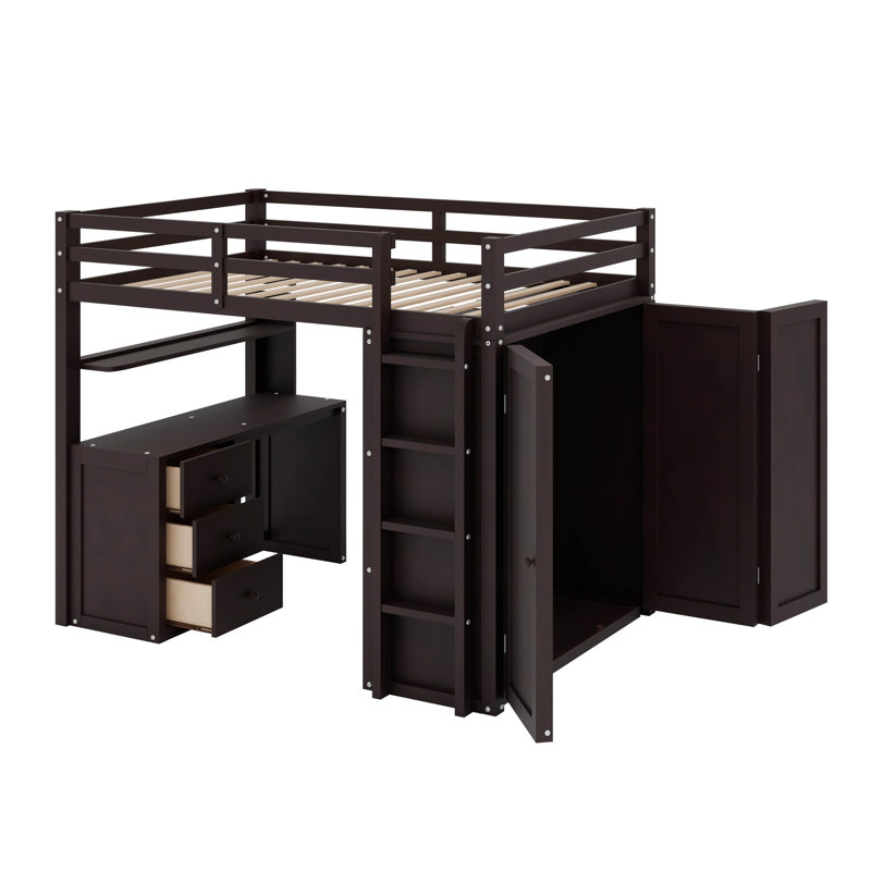 Lit mezzanine double avec tiroirs, bureau et garde-robe, Espresso