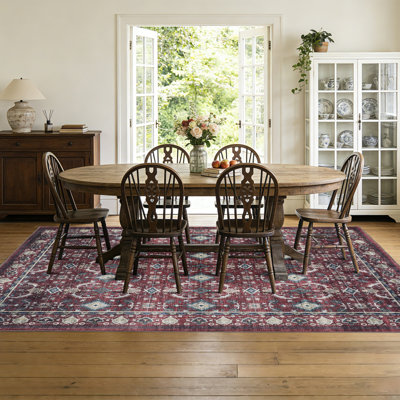 Tapis rétro lavable Boho 9 x 12, tapis antidérapant antidérapant à faible épaisseur pour salon, chambre à coucher, salle à manger, chambre de bébé, rouge