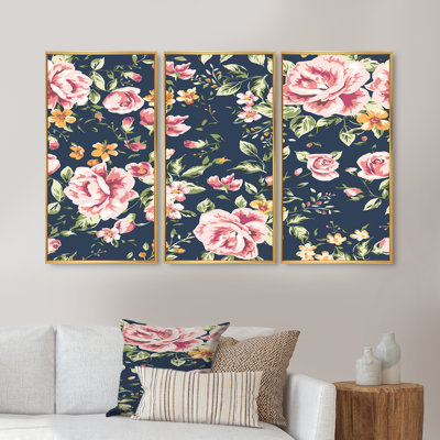 «Vintage Roses On Dark Blue II», ensemble de 3 reproductions d'art encadrées sur toile