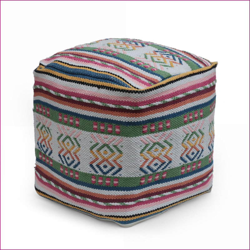 Coussin de sol repose-pieds, imprimé péruvien fabriqué à la main, blanc neige & amp; Rose | Multicolore | Tissu