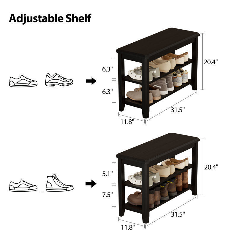 Sleek 2-Tier Solid Wooden Storage Shoe Benches, Black, 31.5″ W x 11.81″ D x 20.47″ H
