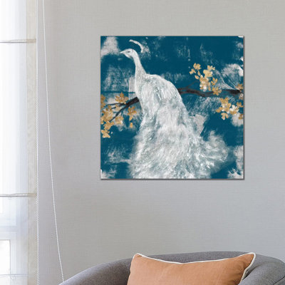 White Peacock On Indigo II by Jennifer Goldberger - Wrapped Canvas Painting