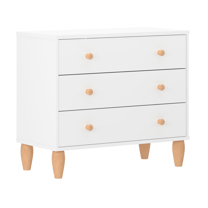 Aurey 3 Drawer Kids Dresser With Engineered Wood Frame And Tapered Wooden Legs, White