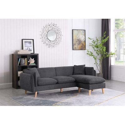 Canapé modulaire en tissu avec méridienne, pieds en bois massif et coussins moelleux Brayden